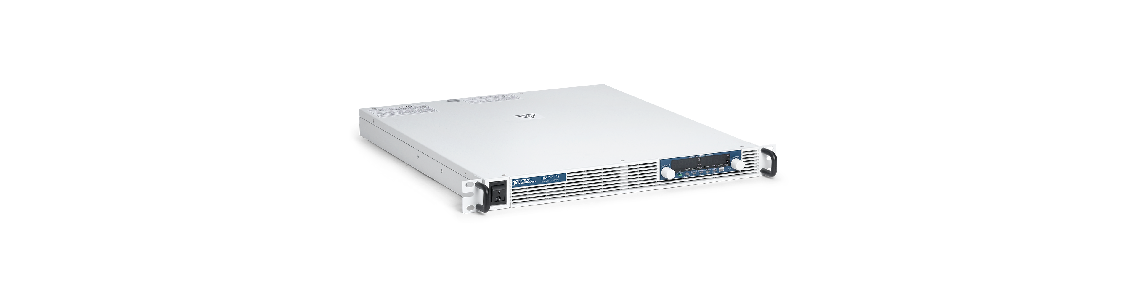 RMX-4127 1U机架式可编程直流电源的前视图，带有通风格栅和控件。