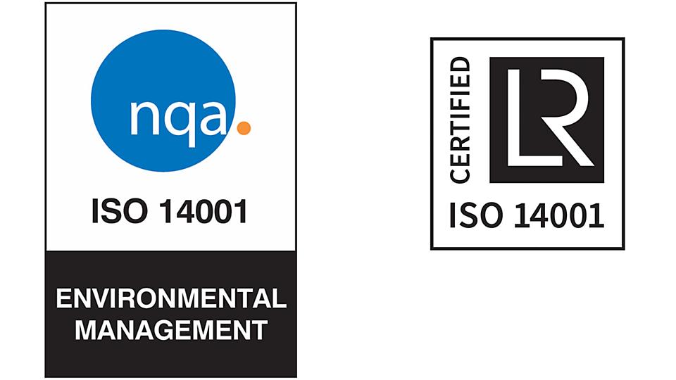ISO 14001 certification icons including Lloyd's certification logo