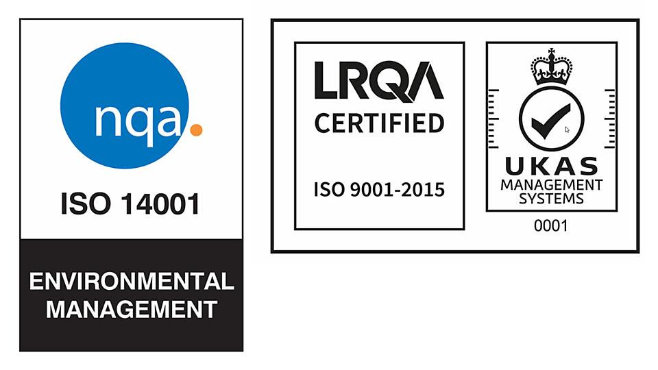 ISO 14001 certification icons including Lloyd's certification logo