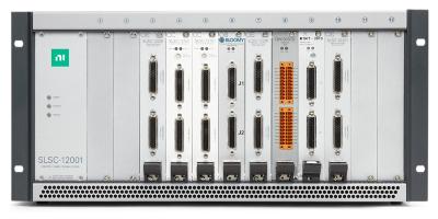 A SLSC-12001 chassis that includes modules from a number of different vendors for signal routing, signal conditioning, and sensor simulation.