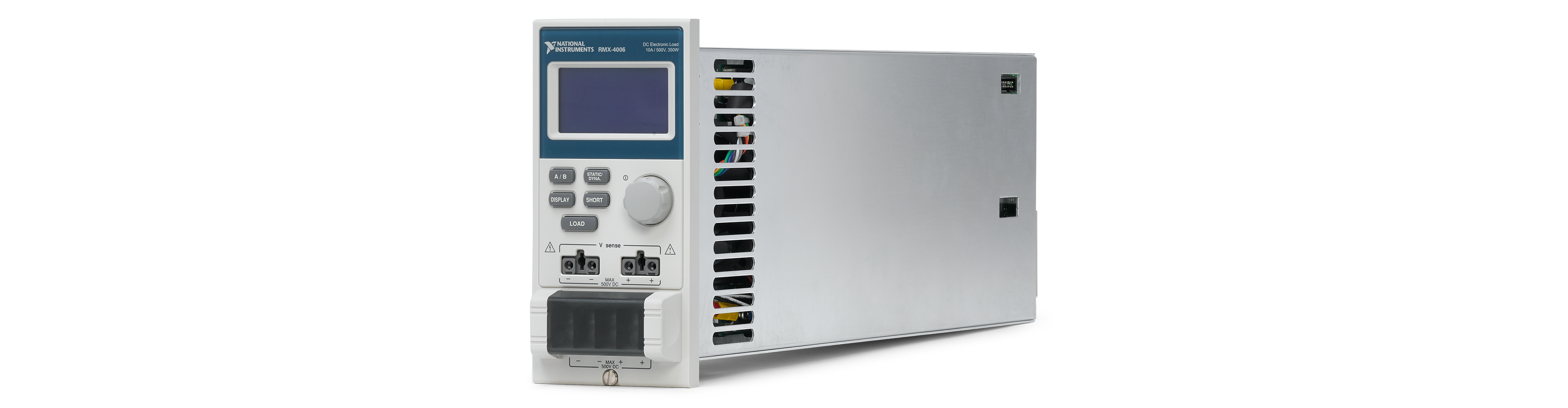 RMX‑4006 single‑channel electronic load device with front‑panel screen, rotary control, and multiple input connectors, shown on a white background.