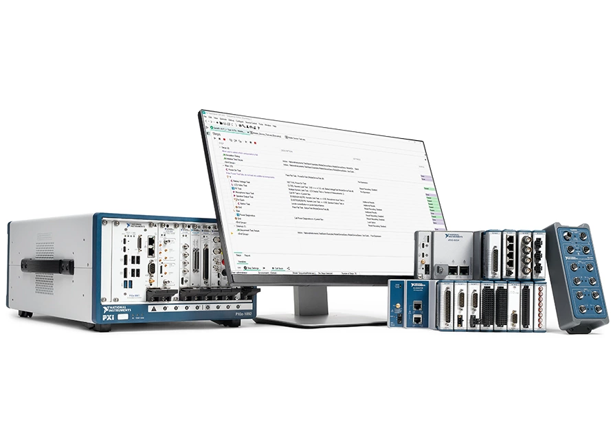 Foto que contiene hardware de NI, un sistema PXI, dispositivo CompactDAQ, CompactRIO, FieldDAQ y monitor que muestra TestStand con módulos Python.