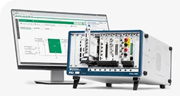 Vue frontale du châssis PXI et de l’ordinateur de bureau exécutant le logiciel InstrumentStudio