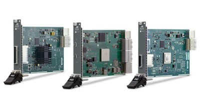 The image shows three PXI remote control modules arranged in a row. The internal circuitry of the modules is visible from the sides, showing green circuit boards and electronic components.​​​