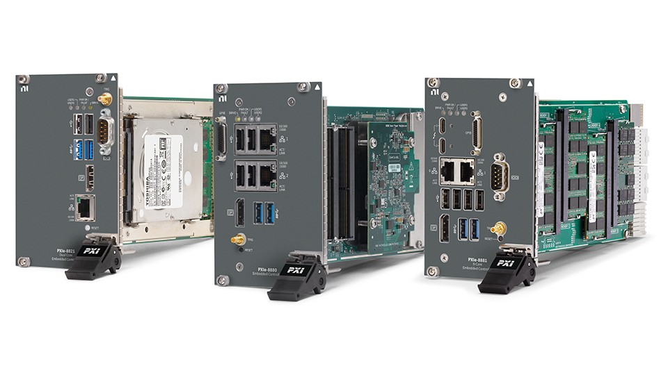 The image shows three PXI Embedded controllers arranged in a row. Each module has various ports and connectors, including USB ports, Ethernet ports, and other specialized connectors. The internal circuitry of the modules is visible from the sides, showing green circuit boards and electronic components.