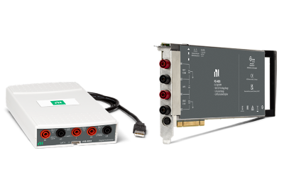 Appareil NI USB DMM dans un boîtier compact blanc avec connecteurs rouge et noir sur la face-avant et câble USB connecté