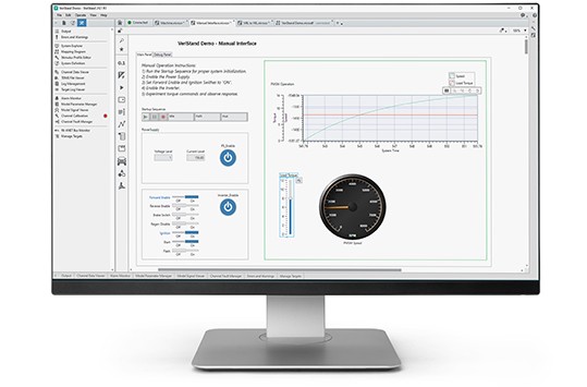 Monitor displaying interactive  controls, a graph, and manual operation instructions. Below operator instructions is a startup sequence for real time test automation and section for adjusting test settings.