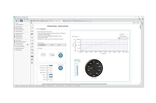 Monitor que muestra controles interactivos, una gráfica e instrucciones de operación manual. Debajo de las instrucciones del operador hay una secuencia de inicio para la automatización de la prueba en tiempo real y una sección para ajustar la configuración de la prueba.