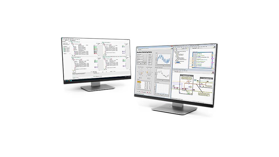 Two monitors displaying NI software, LabVIEW, TestStand