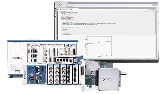 Photo containing NI hardware, a PXI system, CompactDAQ device, and more.