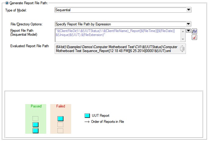 Configurar un nombre de ruta del archivo del informe diferente en función del resultado de la UUT