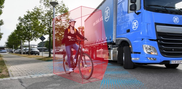 Cameras, radar, and lidar provide a full-circle view around a truck, including cyclists and pedestrians on the side of the road.