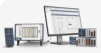 Dispositivo FieldDAQ y sistema CompactDAQ junto a un monitor que muestra los datos adquiridos.