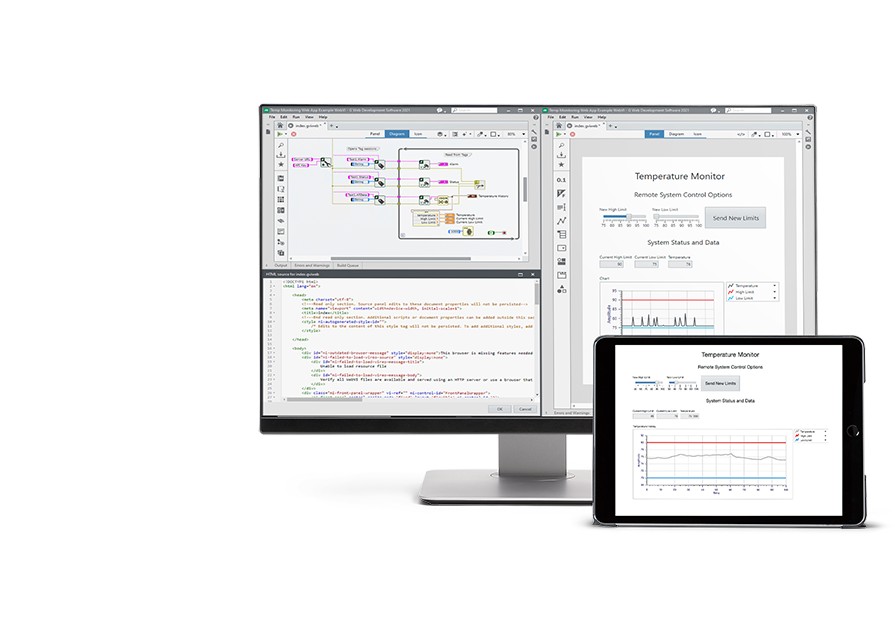 显示器上显示了G Web开发软件环境，平板电脑上的Web应用程序显示的是测试信息。