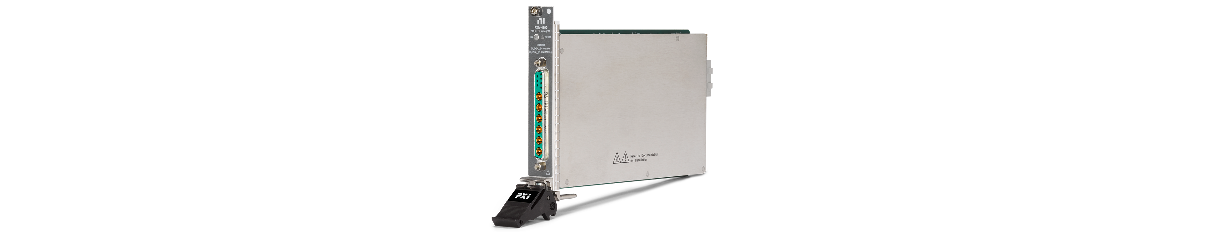 NI PXIe‑4190 PXI LCR meter module shown with NI‑branded metal enclosure and front‑panel connectors, designed for precision inductance, capacitance, and resistance measurements in PXI test systems.