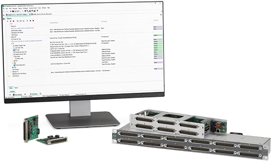 Moniteur montrant le logiciel TestStand avec des fonds de panier et des modules TestScale