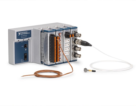 Thermocouple and Accelerometer with a Temperature Input Module, Sound and Vibration Input Module and a CompactDAQ Chassis