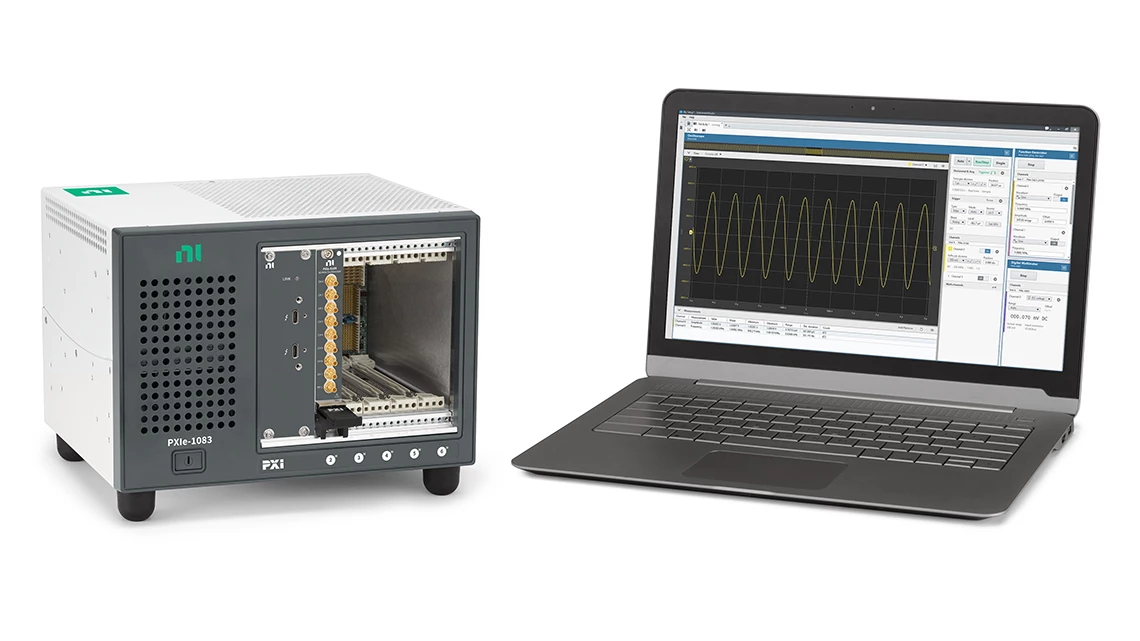 Image alt text: Los bundles de instrumentos PXI incluyen un chasis PXI controlado por Thunderbolt ™ de 5 ranuras, con un instrumento en una ranura y 4 ranuras restantes para futuras actualizaciones