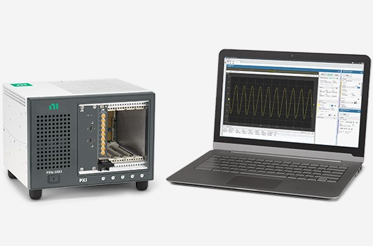  PXI Oscilloscope bundle next to a monitor displaying a signal measured on InstrumentStudio software.