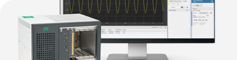 A PXI Oscilloscope Bundle with a monitor displaying InstrumentStudio.