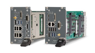 The image shows two PXI Embedded controllers arranged in a row. Each module has various ports and connectors, including USB ports, Ethernet ports, and other specialized connectors. The internal circuitry of the modules is visible from the sides, showing green circuit boards and electronic components.​