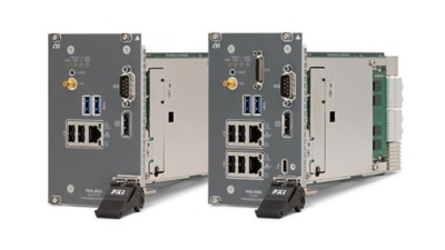  ​The image shows two PXI Embedded controllers arranged in a row. Each module has various ports and connectors, including USB ports, Ethernet ports, and other specialized connectors. The internal circuitry of the modules is visible from the sides, showing green circuit boards and electronic components.​