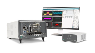 PXI 벡터 신호 트랜시버, 원격 측정 모듈, RFmx 소프트웨어를 표시하는 모니터가 포함된 XI 시스템 ​