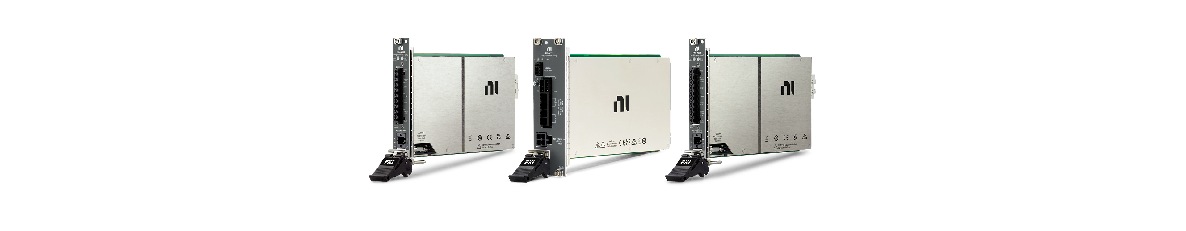 NI PXI programmable power supply modules for delivering DC voltage and current in automated test systems.