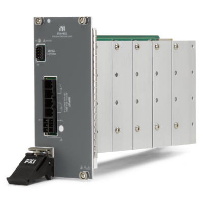 Stand-alone PXIe electronic load module, shown at an angle with a grey front panel and multi‑pin front‑panel connectors.