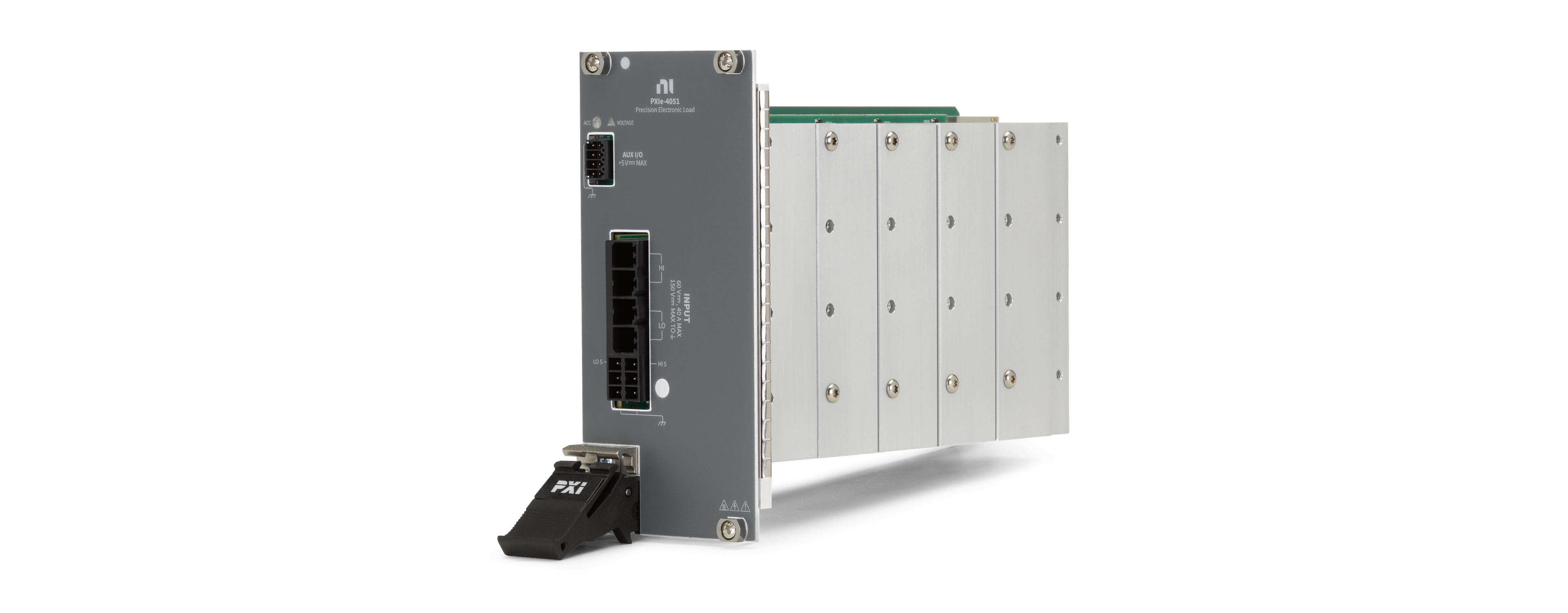 Stand-alone PXIe electronic load module, shown at an angle with a grey front panel and multi‑pin front‑panel connectors.
