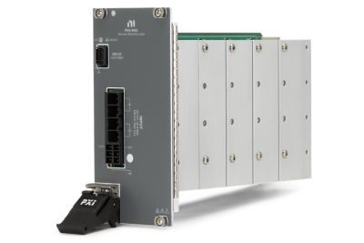 Stand-alone PXIe electronic load module, shown at an angle with a gray front panel and multi‑pin front‑panel connectors.