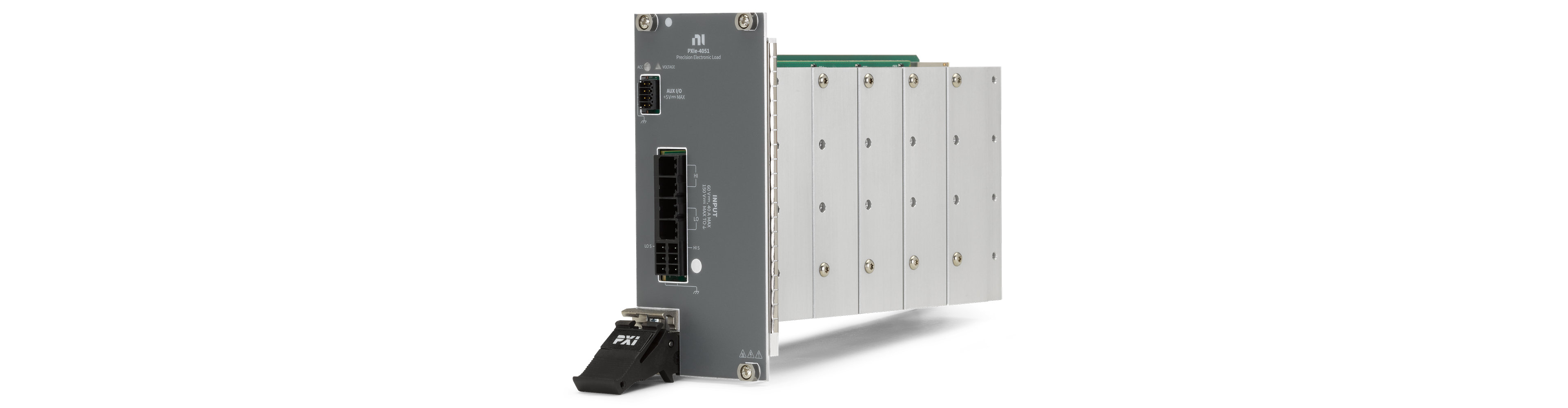 Stand-alone PXIe electronic load module, shown at an angle with a gray front panel and multi‑pin front‑panel connectors.