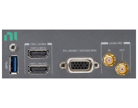 USB, 트리거, 10 MHz 참조 커넥터를 보여주는 NI PXI 타이밍 및 동기화 확장 모듈의 뒷면은 시스템 클럭 배포 및 PXI 모듈 간 정밀 신호 동기화에 사용됩니다.