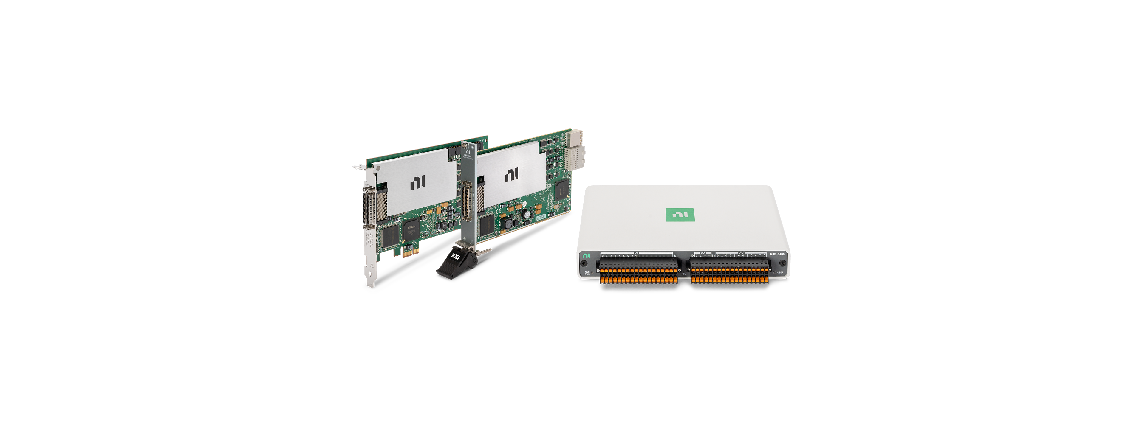 NI multifunction I/O devices including PCIe, PXIe, and mioDAQ hardware