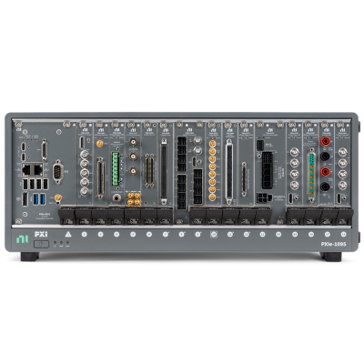 Front view of a PXI chassis populated with multiple modular test instruments