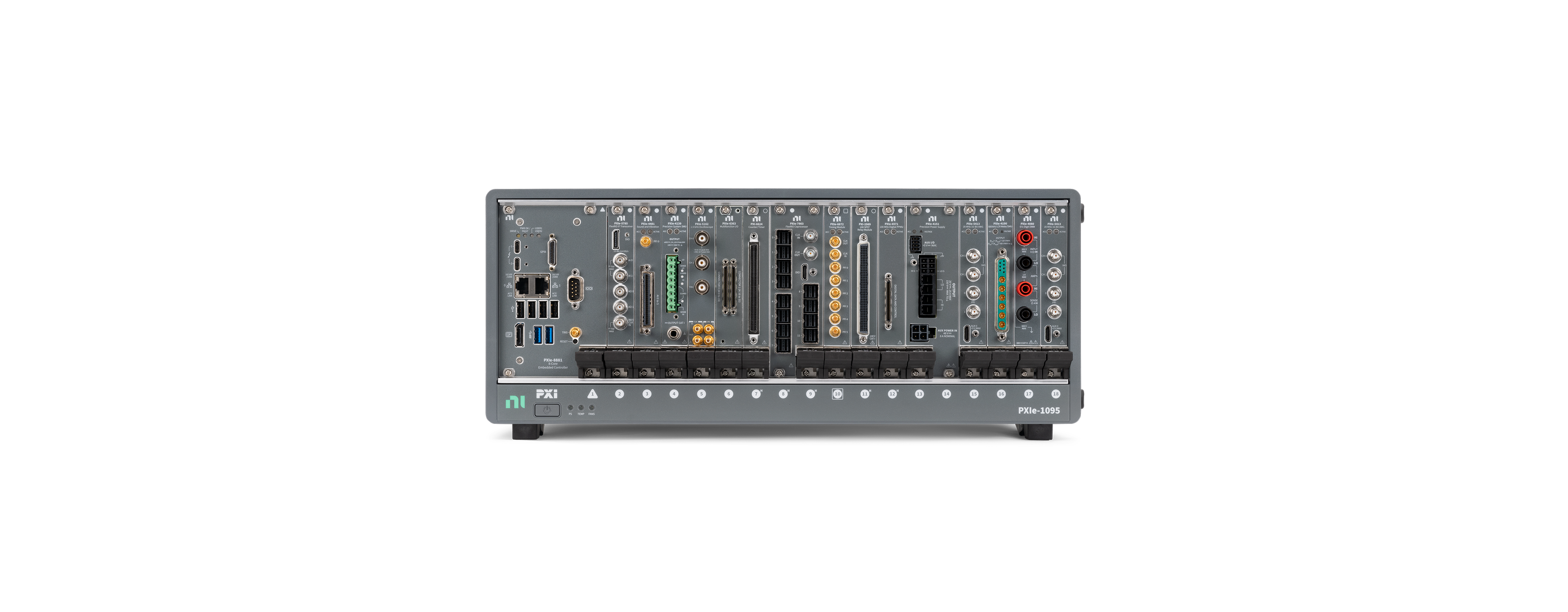 Front view of a PXI chassis populated with multiple modular test instruments