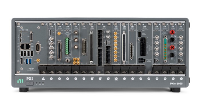 A NI PXI system with modular instruments including arbitrary waveform generators, oscilloscopes, digital multimeters, SMUs and more. 