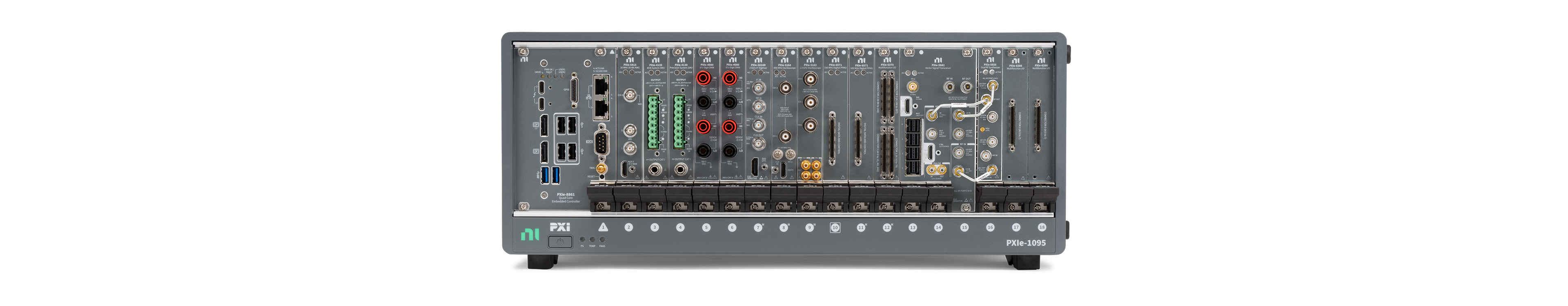 NI PXI modular instrumentation system centrally managed through SystemLink for deployment and monitoring.