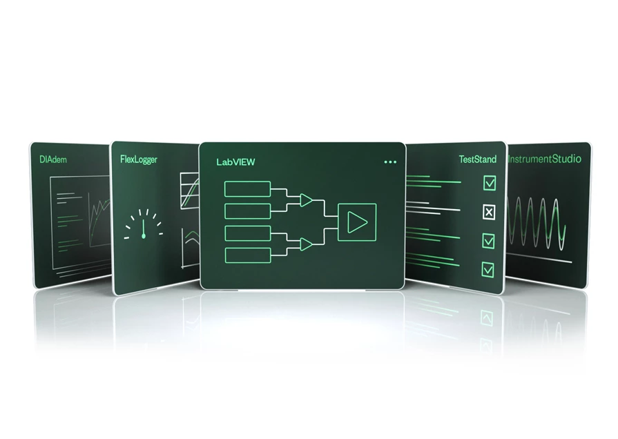 Computermonitor mit Benutzeroberfläche und grafischer Programmierung von NI LabVIEW. 