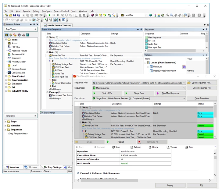 Benutzeroberflächen mit vollem Funktionsumfang wie der Sequence Editor und einfache Bedienoberflächen können nahtlos mit demselben Testcode interagieren