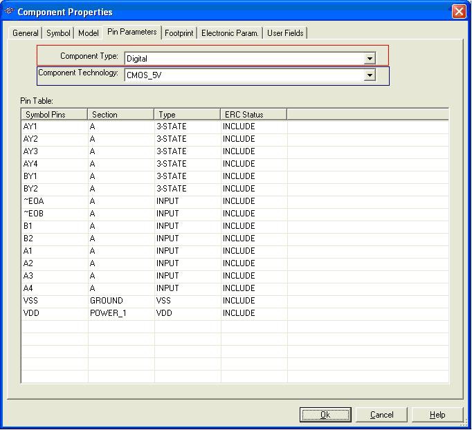 Component pin parameters dialog box