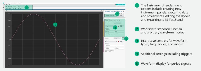 Image shows the arbitrary waveform generator front panel in InstrumentStudio