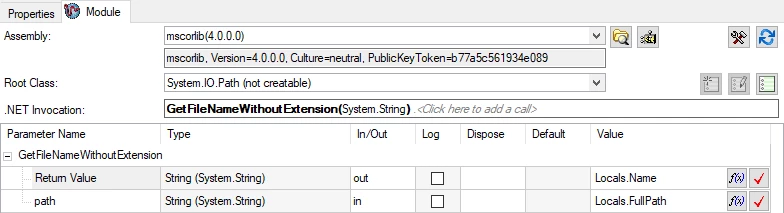 Puede usar un paso .NET para utilizar métodos de .NET Framework sin la necesidad de un módulo de código