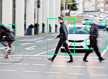 Aerial view of road intersection, view of cars with ADAS sensors