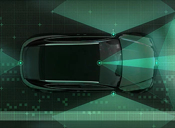 Vue aérienne d’une voiture avec des capteurs ADAS