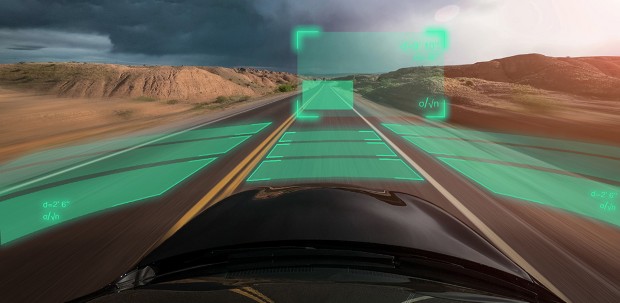 Visual of a simulated heads-up display in an autonomous vehicle.