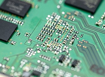 PCB (printed circuit board) close-up shot with a lot of electronic components