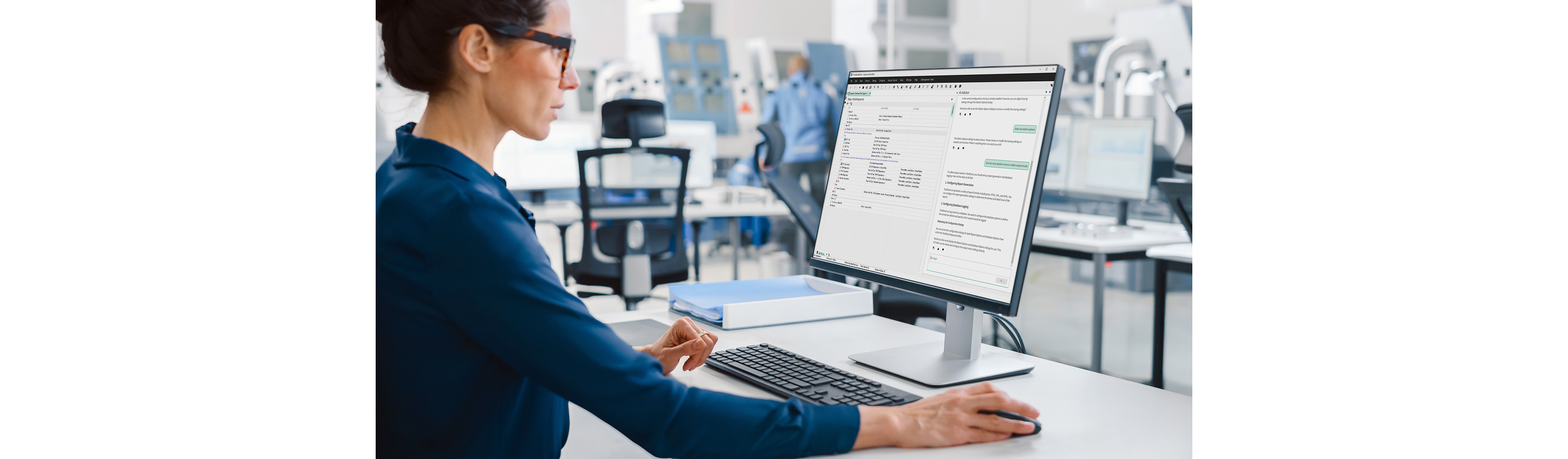 Engineer using NI TestStand on a desktop computer in a production test lab, building and monitoring automated test sequences to improve throughput, track results, and deploy tests across manufacturing systems.