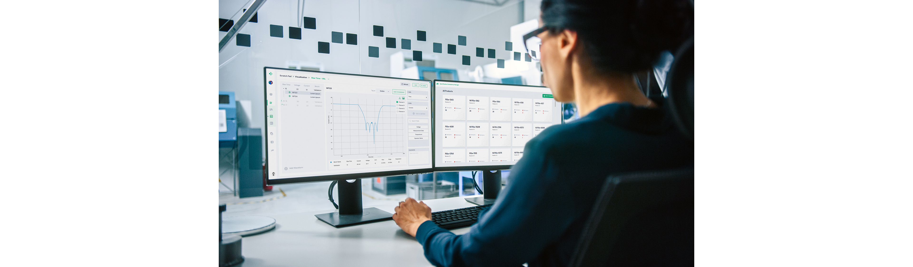 Ingénieur affichant des tableaux de bord d’analyse montrant les waveforms de test, l’état du produit et les statistiques de performance utilisées pour les décisions de fabrication en temps réel.