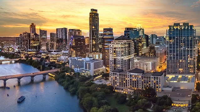Austin Texas skyline at sunset.